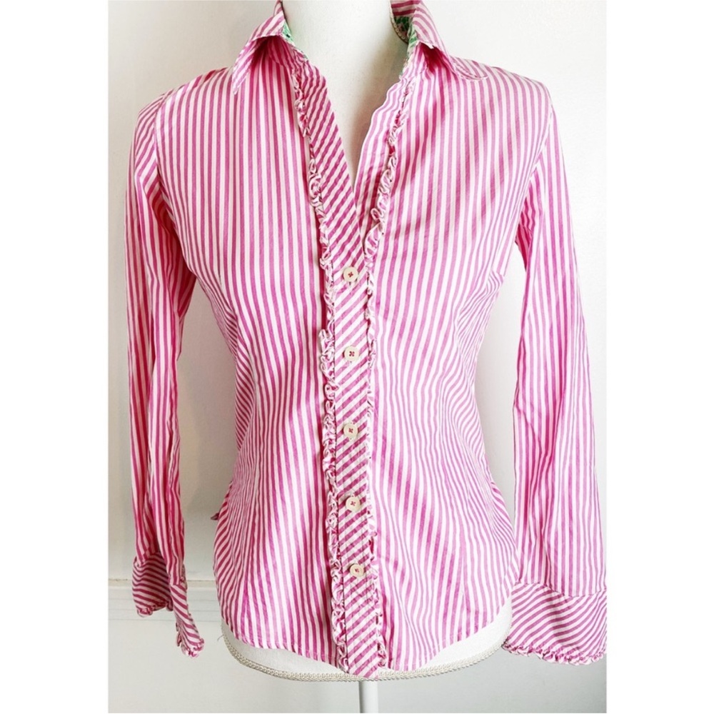 Lilly Pulitzer Pink White Stripe Ruffle Button Up